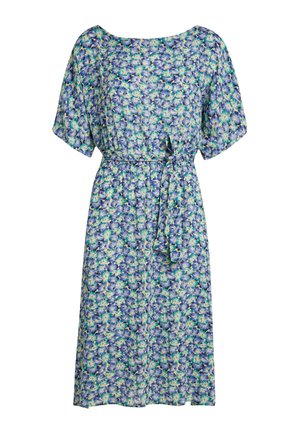 Floral dress made of lightweight fabric, featuring a relaxed fit, boat neckline, short sleeves, and a tied waist in blue, green, and white patterns.