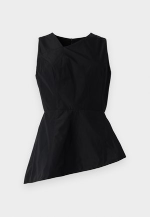 Black peplum top with a V-neckline, sleeveless design, and asymmetrical hem. Made of smooth fabric with minimal stitching detail.