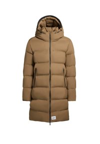 Brun oppustelig jakke med hætte, lynlås foran og sidelommer. Har et kviltet design og kontrasterende sorte detaljer.