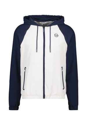 Kapuzenshirt mit weißem Körper und marineblauen Ärmeln, vorne mit Reißverschluss und zwei seitlichen Reißverschlusstaschen. Glatte Stoffstruktur.