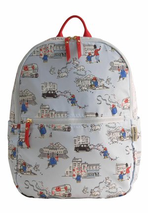Light blue backpack with red handle and zippers, decorated with small illustrations of a boy in blue coat and red hat, dogs, cars, and city scenes.