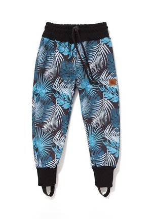 Spodnie dresowe dla dzieci z niebiesko-białym tropikalnym liściastym nadrukiem, czarnym elastycznym pasem i mankietami oraz regulowanym sznurkiem.