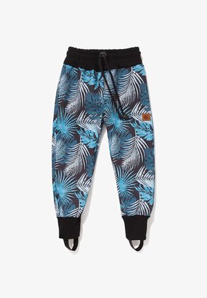 Spodnie dresowe dla dzieci z niebiesko-białym tropikalnym liściastym nadrukiem, czarnym elastycznym pasem i mankietami oraz regulowanym sznurkiem.
