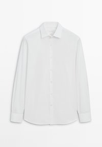 White long-sleeve men's dress shirt with pointed collar, button-down front, and buttoned cuffs, displayed flat on white background.
