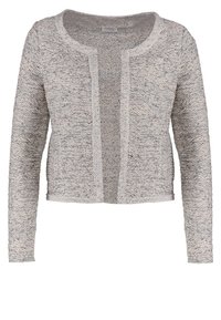 Cardigan court gris clair en maille texturée, doté de manches longues et d'un design à devant ouvert avec un détail de couture centrale.