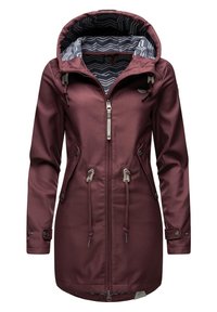 Bordeaux damesjacket met een ritssluiting aan de voorkant, een verstelbare trekkoordcapuchon en twee zijzakken. Voering met een fabric met patroon.