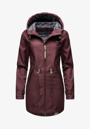 Giacca da donna color bordeaux con zip frontale, cappuccio regolabile con cordino e due tasche laterali. Foderata con un tessuto interno a fantasia.
