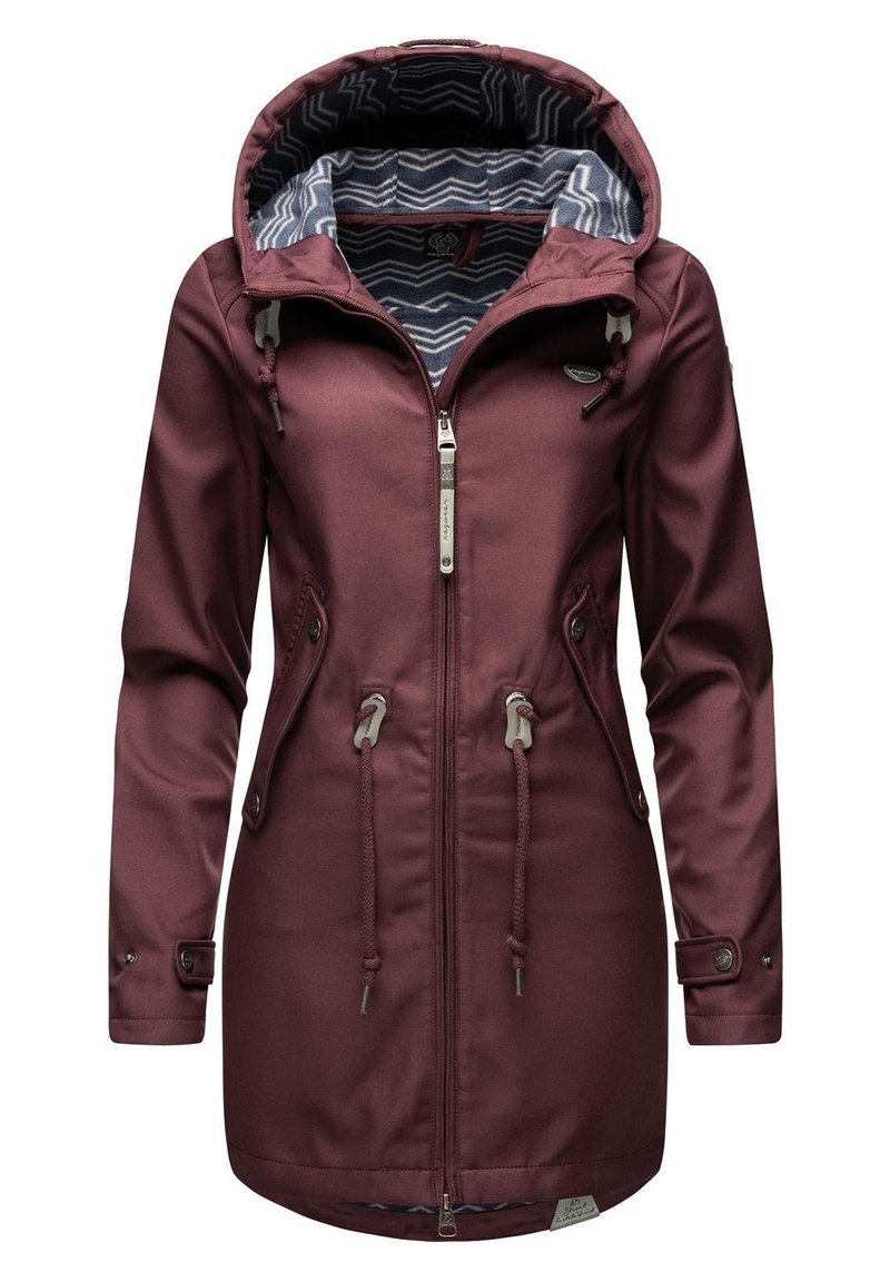 Bordeaux damesjacket met een ritssluiting aan de voorkant, een verstelbare trekkoordcapuchon en twee zijzakken. Voering met een fabric met patroon.