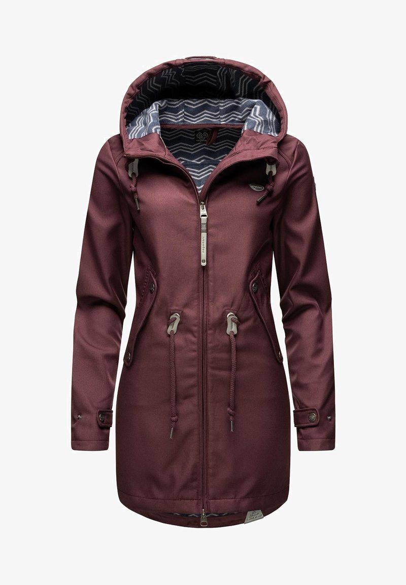 Bordeaux damesjacket met een ritssluiting aan de voorkant, een verstelbare trekkoordcapuchon en twee zijzakken. Voering met een fabric met patroon.