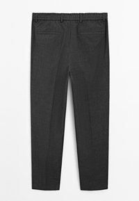 Pantalon formel gris foncé avec taille élastique et deux poches passepoilées à l'arrière, présenté de dos sur un fond blanc.