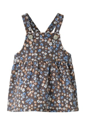 Vestido marrón para niña pequeña con estampado floral en azul, blanco y naranja, tirantes ajustables, bolsillo frontal y cierres de botones en el pecho.