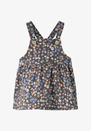 Barna kisgyermek ruha kék, fehér és narancssárga virágmintával, állítható pántokkal, elülső zsebbel és gombos záródással a mellrésznél.
