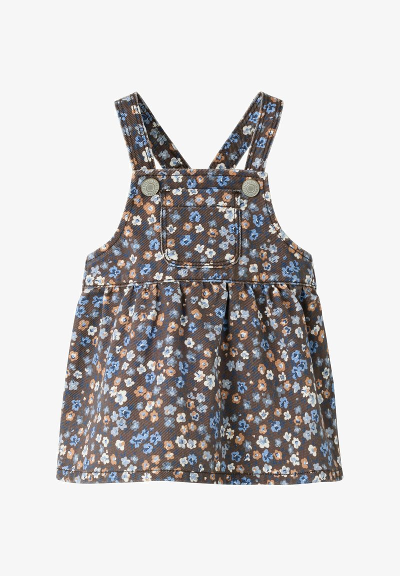 Barna kisgyermek ruha kék, fehér és narancssárga virágmintával, állítható pántokkal, elülső zsebbel és gombos záródással a mellrésznél.