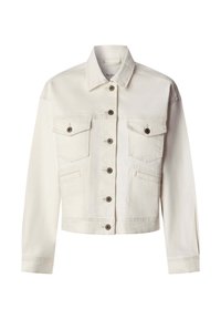 Baltas trumpintas džinsinis švarkas su smailiomis apykaklėmis, priekyje užsegamas mygtukais, su dviem krūtinės kišenėmis. Subtilios siuvimo detalės ir metaliniai mygtukai.