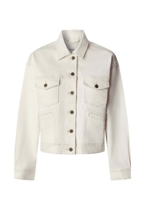 Witte cropped spijkerjas met een puntige kraag, knoopsluiting aan de voorkant en twee borstzakken. Subtiele stikdetails en metalen knopen.