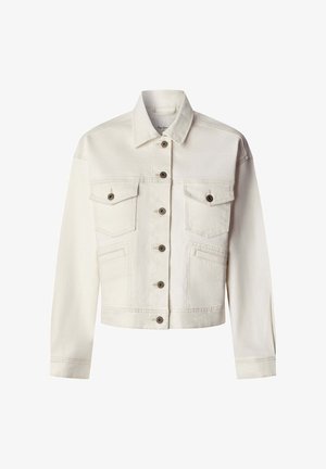 Witte cropped spijkerjas met een puntige kraag, knoopsluiting aan de voorkant en twee borstzakken. Subtiele stikdetails en metalen knopen.