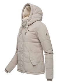 Beige pufferjacka med kordflamsch struktur, kviltad design, huva och framfickor. Har dragsko och en cirkulär logotyp på ärmen.