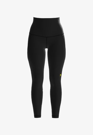 Zwarte high-waisted legging met een gladde textuur, voorzien van een gele logo. Het ontwerp heeft een slanke, aansluitende silhouette.