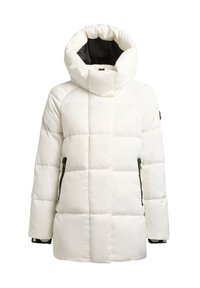 Biela páperová bunda s vysokým golierom, prešívaným dizajnom a čiernymi vreckami so zipsom na bokoch. Hladká textúra, teplá izolácia na chladné počasie.