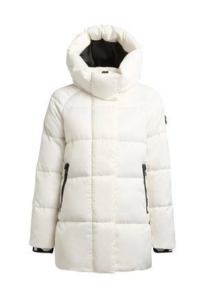 Chaqueta acolchada blanca con cuello alto, diseño acolchado y bolsillos laterales con cremallera negra. Textura suave, aislamiento cálido para clima frío.