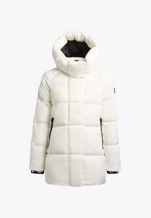 Biała kurtka puchowa z wysokim kołnierzem, pikowanym wzorem i czarnymi kieszeniami bocznymi na zamek. Gładka faktura, ciepła izolacja na zimne dni.