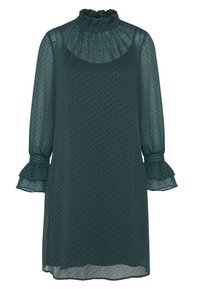 Teal sifonimekko, jossa on korkea röyhelökaulus, pitkät hihat ja röyhelöhiat, ja se on varustettu pilkkuprintillä ympäriinsä.