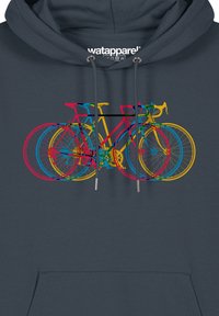 Navy Hoodie mit einem Grafikdesign von drei Fahrrädern in leuchtendem Pink, Gelb und Blau. Material aus Baumwollmischung, mit einer Fronttasche und verstellbaren Kordeln.