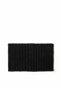 Banda de cap tricotată neagră, cu textură ribbed verticală. Fabricată dintr-un material moale, are un design cu buclă continuă pentru o purtare ușoară.