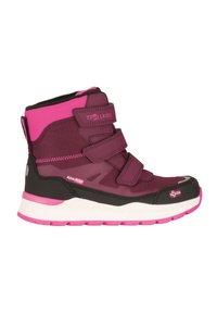 Child's maroon and pink winter boot with Velcro straps, waterproof label, and Norwegian flag detail on black toe cap.