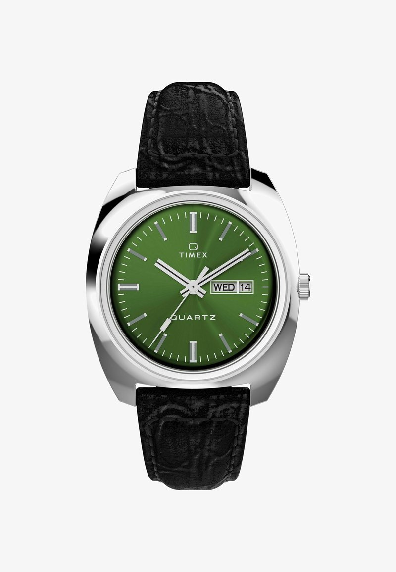 Orologio con quadrante verde e cassa in acciaio inox, cinturino in pelle nera con motivo coccodrillo. Mostra ora e data con movimento al quarzo.