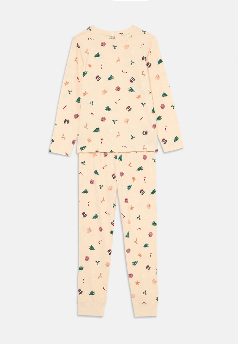 Conjunto de camiseta de manga larga y pantalones beige para niños con estampado navideño de árboles, bastones de caramelo, tambores, renos y hombres de jengibre.