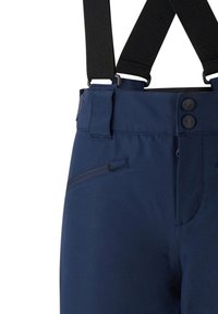 Marineblaue Hose mit verstellbaren schwarzen Trägern, ausgestattet mit einer Reißverschlusstasche und zwei Knöpfen am Bund. Glatte Textur und maßgeschneiderter Schnitt.