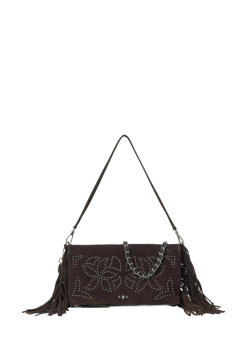 Brown suede handbag with fringes and silver studded floral pattern. Includes a chain strap and zippered compartment for secure closure.