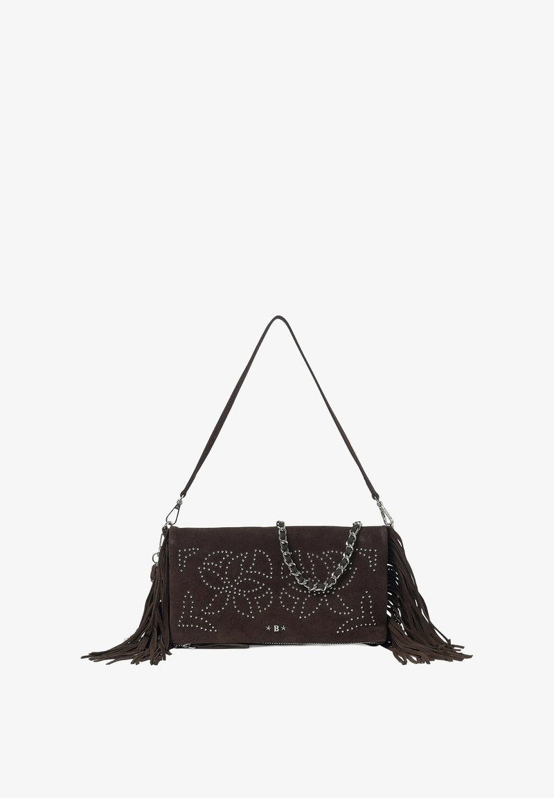 Brown suede handbag with fringes and silver studded floral pattern. Includes a chain strap and zippered compartment for secure closure.