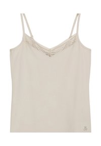 Helle beige Kamisol mit dünnen, verstellbaren Trägern, V-Ausschnitt und Spitzenbesatz am Kragen. Weicher, glatter Stoff.