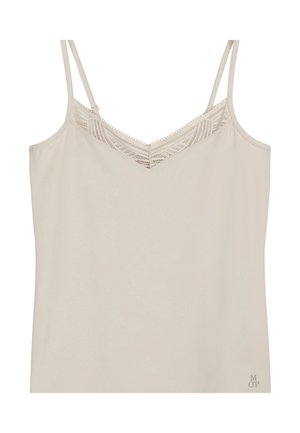 Light beige camisole with thin adjustable straps, V-neck design, and lace trim detailing at the neckline. Soft, smooth fabric texture.