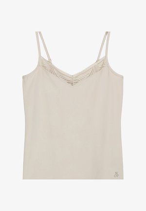 Helle beige Kamisol mit dünnen, verstellbaren Trägern, V-Ausschnitt und Spitzenbesatz am Kragen. Weicher, glatter Stoff.