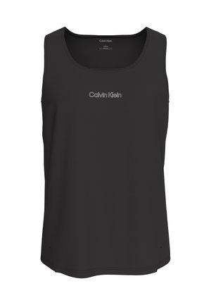 Čierny tielkový top bez rukávov s okrúhlym výstrihom a bielym logom "Calvin Klein" v strede na hrudníku.