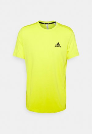 Bright yellow Adidas short-sleeve athletic t-shirt with crew neck and black Adidas logo on the left chest.