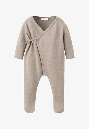 Grenouillère beige en tricot pour bébé, manches longues, jambes avec pieds et fermeture à nouer sur le côté de la poitrine.