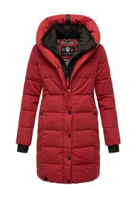 Red padded coat with a large hood, featuring a zip and button closure, black inner lining, and elastic cuffs for a snug fit.