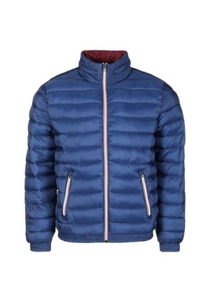 Doudoune bleu marine avec col montant, fermeture éclair à l'avant et deux poches latérales zippées. Présente un motif matelassé horizontal et des accents rouges.