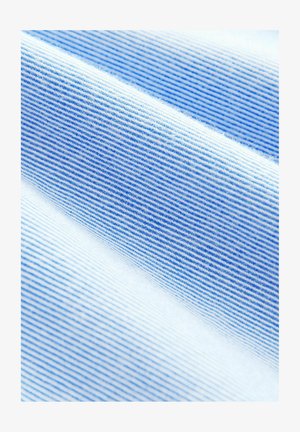 Light blue striped fabric with varying widths of stripes; smooth texture with subtle sheen; fibers are visible, creating a soft appearance.