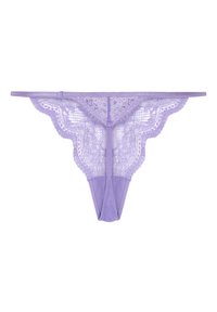 Lavendelkleurige kanten string met gegolfde randen en een smalle tailleband, voorzien van bloemenpatronen en doorschijnende stof.