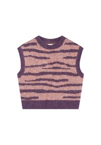 Top de punto sin mangas con un patrón de rayas de tigre en púrpura y rosa, cuello redondo y dobladillo acanalado. Tejido suave y texturizado.