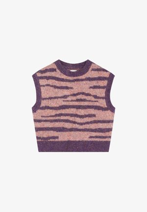 Top de punto sin mangas con un patrón de rayas de tigre en púrpura y rosa, cuello redondo y dobladillo acanalado. Tejido suave y texturizado.