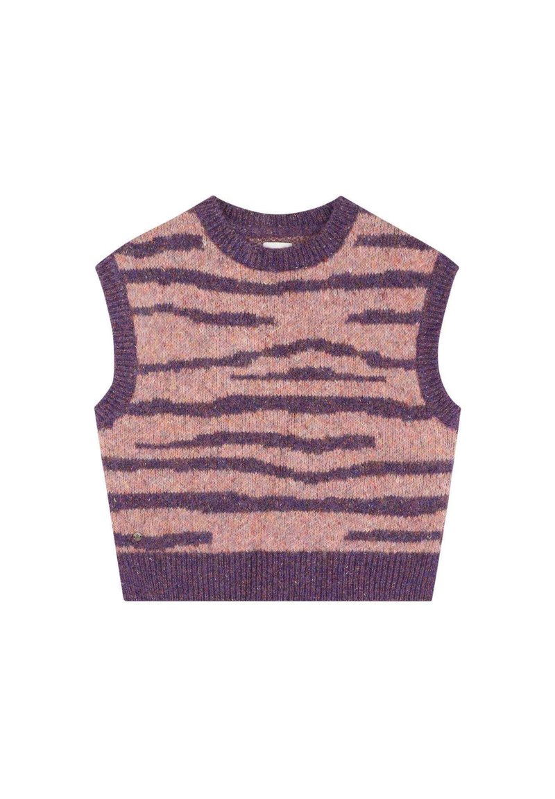 Top de punto sin mangas con un patrón de rayas de tigre en púrpura y rosa, cuello redondo y dobladillo acanalado. Tejido suave y texturizado.