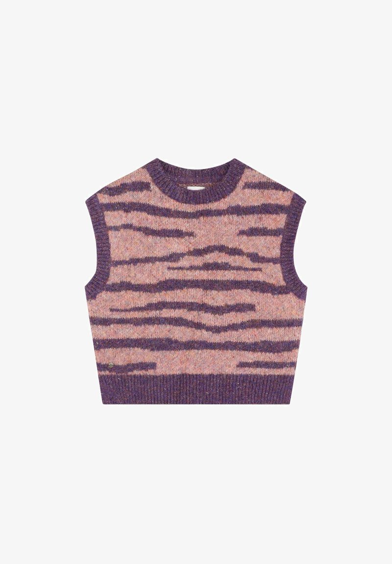 Top senza maniche realizzato in maglia con motivo a strisce di tigre viola e rosa, colletto rotondo e orlo a coste. Tessuto morbido e strutturato.