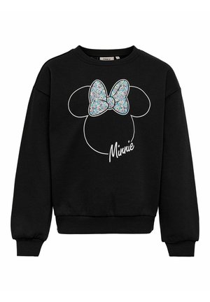 Sort sweatshirt med minimalistisk hvid Minnie Mouse-hovedomrids, glitrende blå sløjfe og "Minnie" tekst foran.