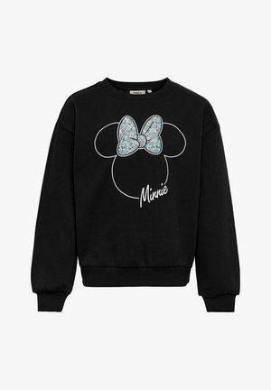 Schwarzer Pullover mit minimalistischem weißen Minnie-Maus-Kopf-Umriss, glitzernder blauer Schleife und dem Schriftzug "Minnie" auf der Vorderseite.